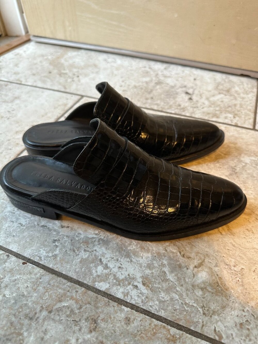 Freda Salvador Keen Mule - Black Embossed Croc | Size: 7.5